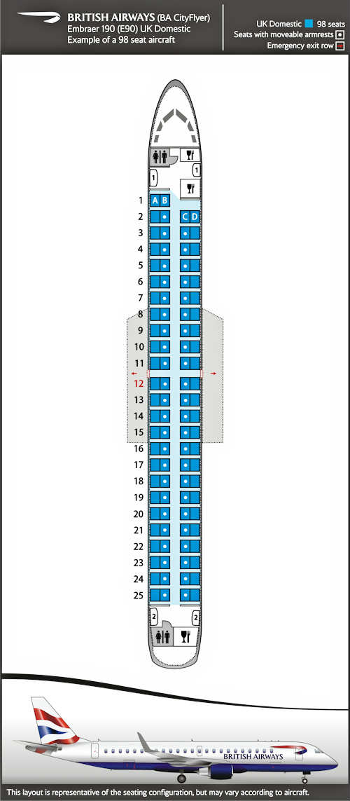 Plano de asientos para vuelos nacionales del Embraer 190.