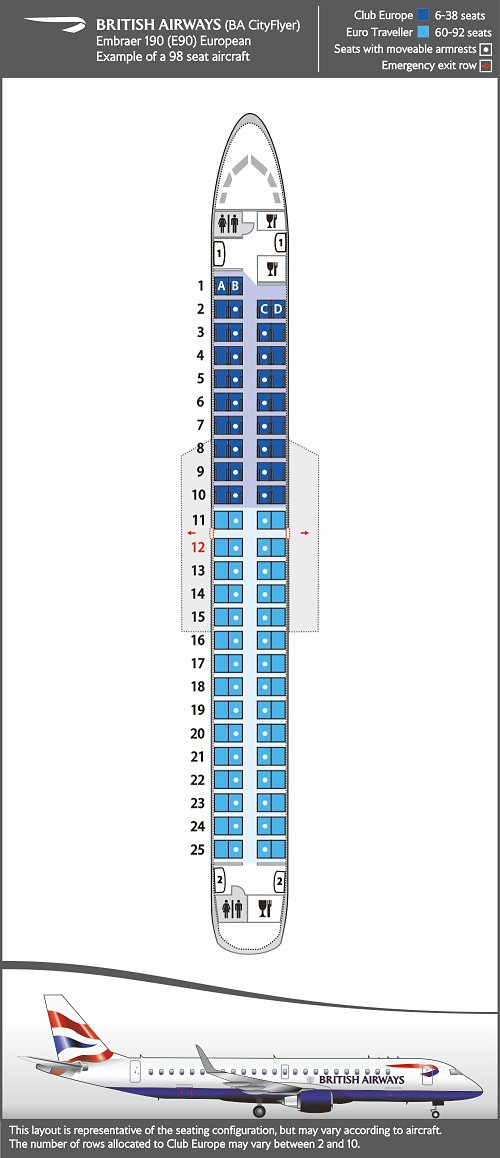 Схема расположения сидений Embraer 190 на рейсах в Европу.