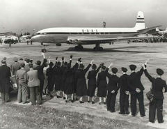 BOAC De Havilland Comet 1 G-ALYP leaving Heathrow for Johannesburg on the world's first jet service.