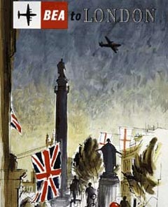 British European Airways flights to London poster.