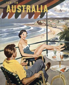 Fly to Australia with BOAC QANTAS poster.