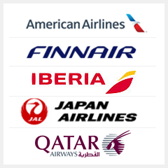 Logos von American Airlines, Iberia, Finnair und Japan Airlines.