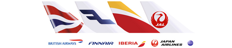 Partnerschafts-Logos: British Airways, Finnair und Japan Airlines.