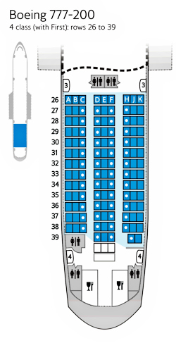 What is the seating plan on a Boeing 744 airplane?