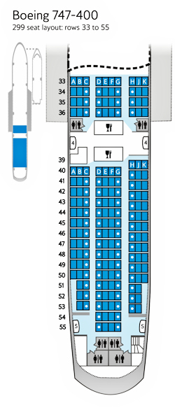 What is the seating plan on a Boeing 744 airplane?